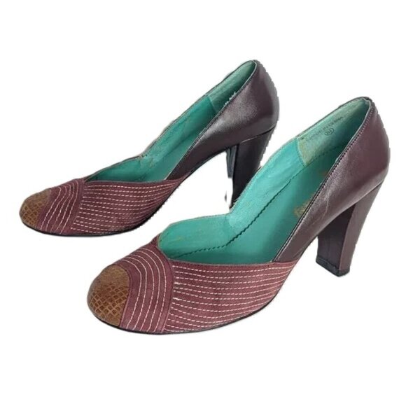 Farylrobin Anthropologie Heels Rockabilly Leather Croc Embroidered Retro Pumps - Picture 1 of 9